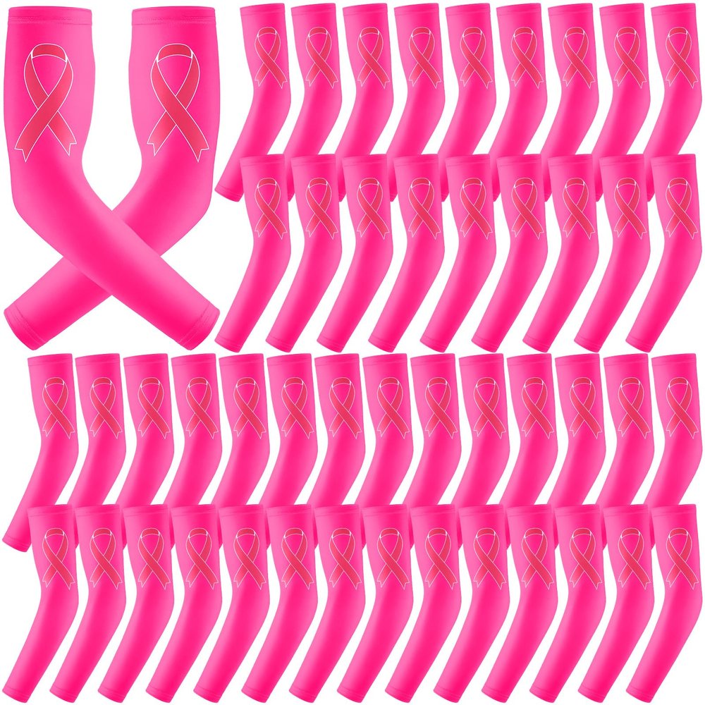 Zhehao 24 Pairs Breast Cancer Awareness Arm Sleeves Ribbon Sports Compression Arm Sleeve for Baseball Football Women Men(Pink,Small)