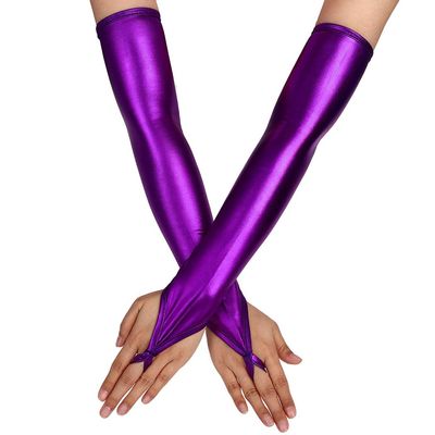 Eyret Women's Holographic Fingerless Metallic Elbow Length Shiny Evening Costume Gloves (D-Purple)