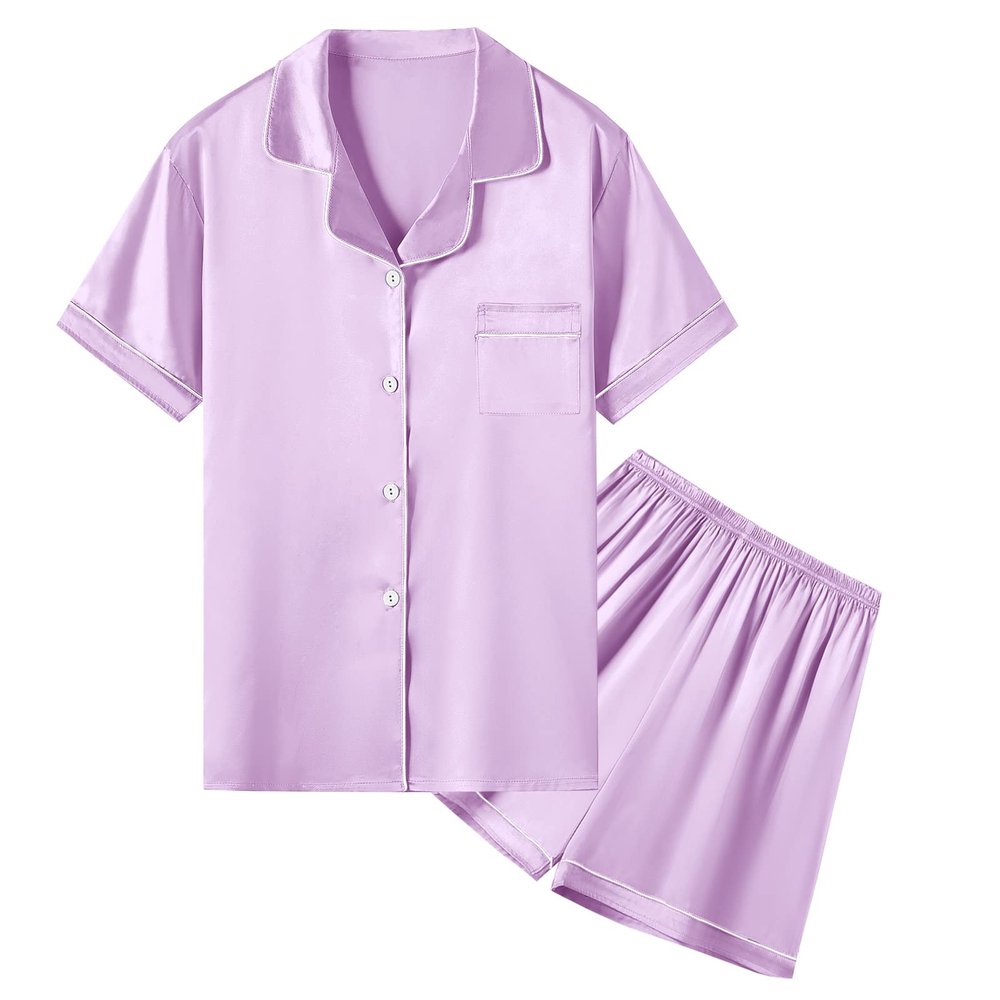 Umeyda Womens Girls Silk Satin Pajamas Set Short Sleeves Matching Classic Sleepwear Loungewear, Light Purple, X-Large