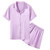 Umeyda Womens Girls Silk Satin Pajamas Set Short Sleeves Matching Classic Sleepwear Loungewear, Light Purple, X-Large view 1