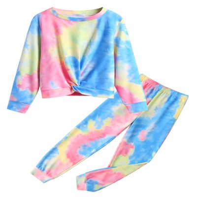 Arshiner Girls Clothing Sets Tie Dye Twist Front Crop Top and Sweatpants Outfits Sportwear Sweatsuits Tracksuits 9-10 Years