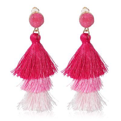 Boho Statement tassel earrings for women Clip On Drop Earrings feather earrings Non Piercing Jewelry for women dangling fringe earrings vacation beach earrings bride earrings bachelorette for women costume prom earrings jewelry (Pink Ombre)