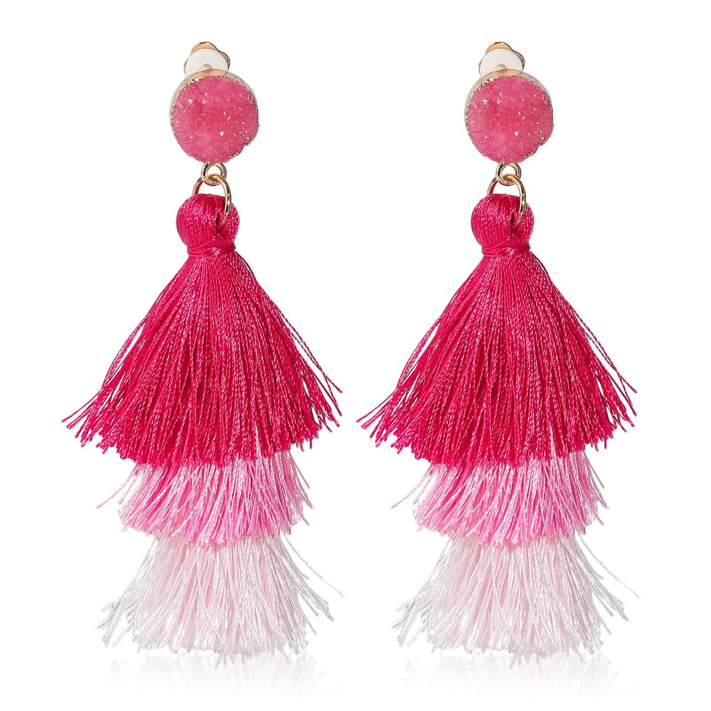 Boho Statement tassel earrings for women Clip On Drop Earrings feather earrings Non Piercing Jewelry for women dangling fringe earrings vacation beach earrings bride earrings bachelorette for women costume prom earrings jewelry (Pink Ombre)