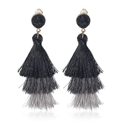 Boho Statement tassel earrings for women Clip On Drop Earrings feather earrings Non Piercing Jewelry for women dangling fringe earrings vacation beach earrings bride earrings bachelorette for women costume prom earrings jewelry (Grey Ombre)