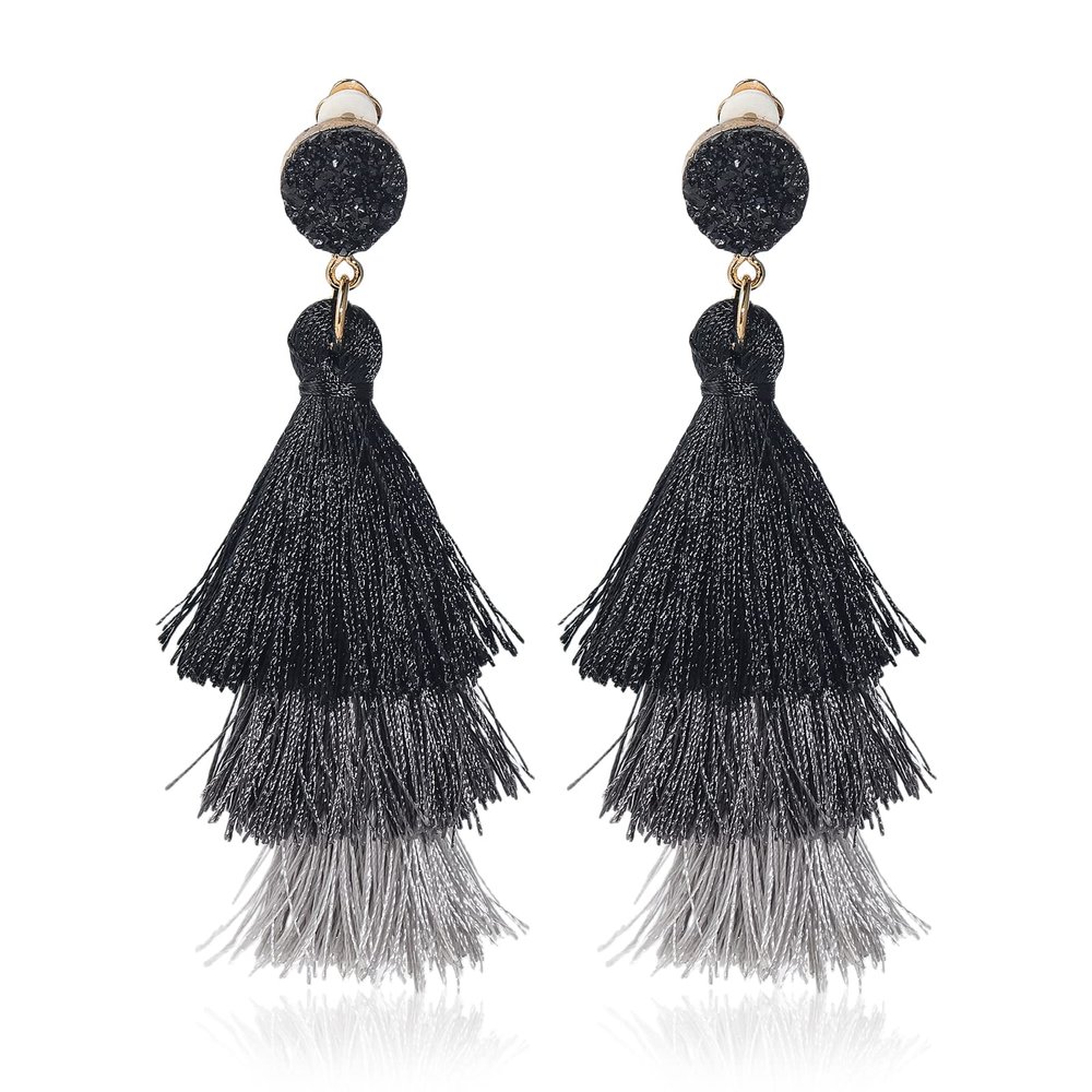Boho Statement tassel earrings for women Clip On Drop Earrings feather earrings Non Piercing Jewelry for women dangling fringe earrings vacation beach earrings bride earrings bachelorette for women costume prom earrings jewelry (Grey Ombre)