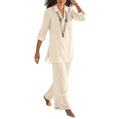 Akivide Womens 2 Piece Outfits Matching Linen Set Casual Long Sleeve V Neck Shirt Beach Summer Loose Lounge Wide Leg Pant Set
