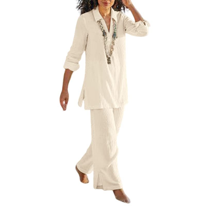 Akivide Womens 2 Piece Outfits Matching Linen Set Casual Long Sleeve V Neck Shirt Beach Summer Loose Lounge Wide Leg Pant Set