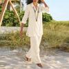 Akivide Womens 2 Piece Outfits Matching Linen Set Casual Long Sleeve V Neck Shirt Beach Summer Loose Lounge Wide Leg Pant Set view 2