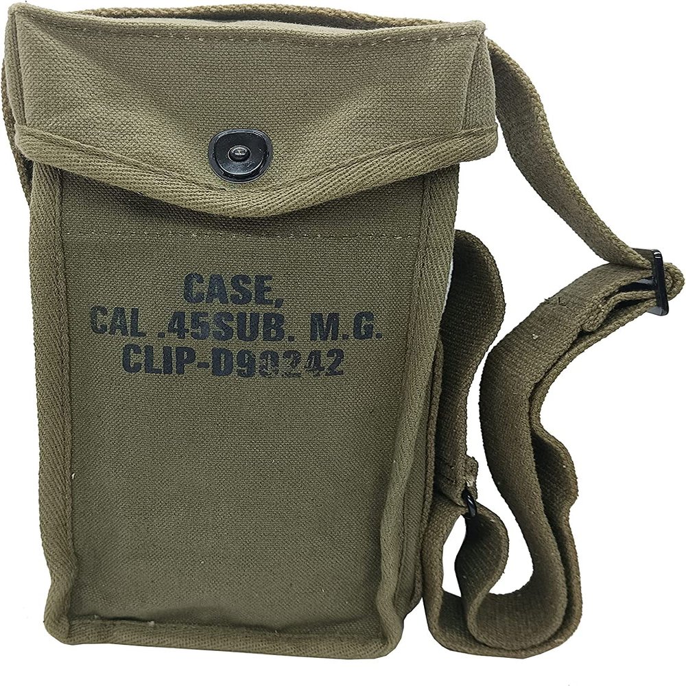 War Equine Militaria U.S Army WWII Grease Gun or Thompson Magazine Canvas Carry Case Pouch- OD Green
