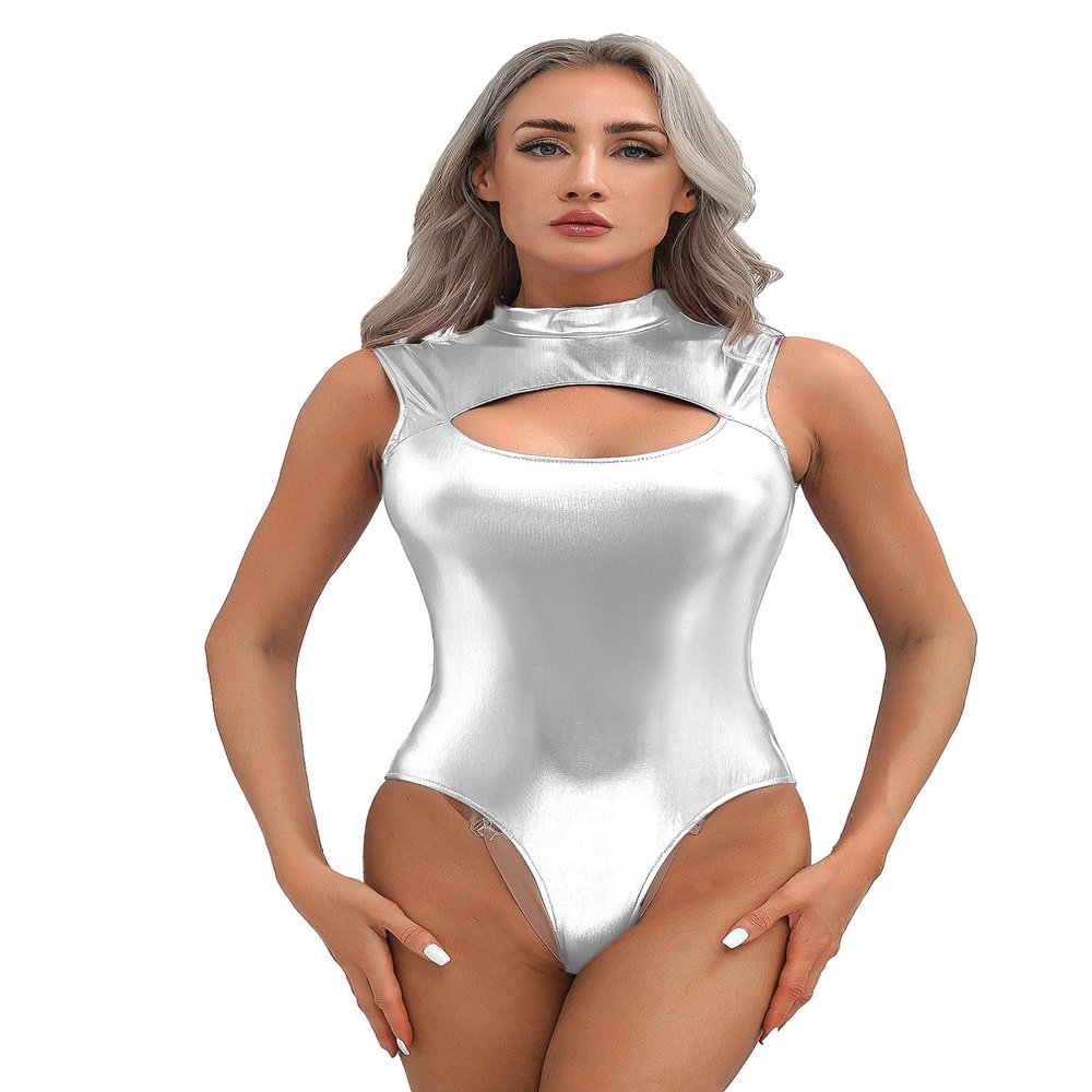 Linjinx Women's Sleeveless Turtleneck Gymnastics Dance Leotard One Piece Shiny Metallic Bodysuits Silver XX-Large