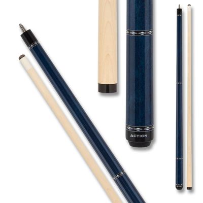 Action VAL33 Value Series Pool Cue - 58" Cue - Hard Maple Shaft with 13mm Boar Skin Tip - Blue and Black with White, Grey and Red Diamond Rings, 18oz
