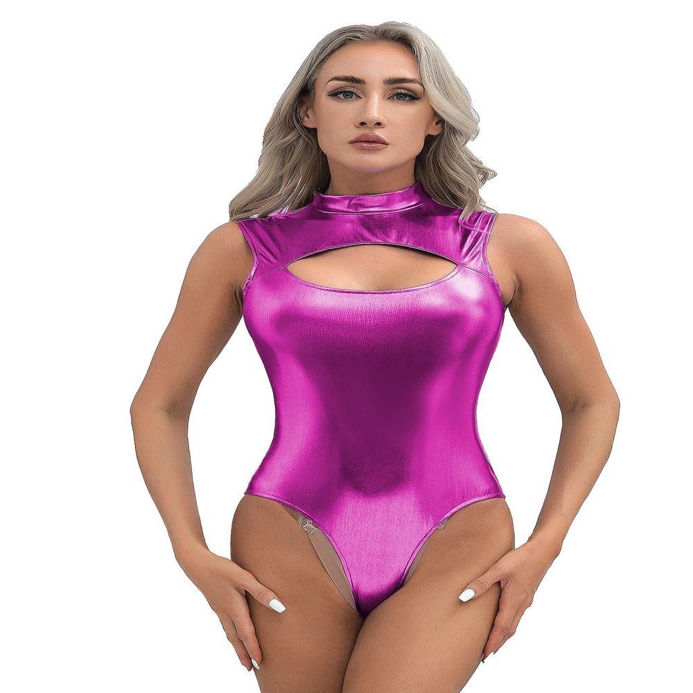 Linjinx Women's Sleeveless Turtleneck Gymnastics Dance Leotard One Piece Shiny Metallic Bodysuits Hot Pink X-Large