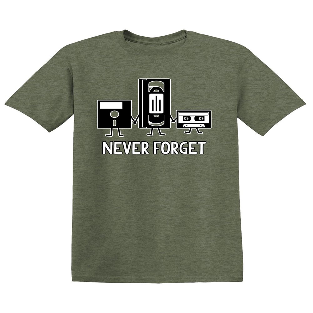 Never Forget Cassette Tape VHS Gamer Funny T Shirt S Heather Military