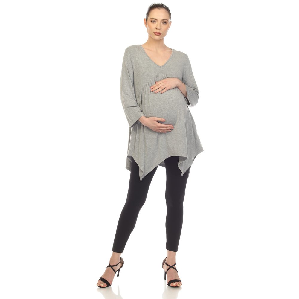 white mark Women's Maternity Empire Waist V-Neck 3/4 Sleeve Tunic Top Grey