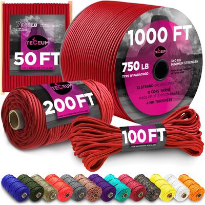 TECEUM Paracord Type IV 750 lb Red (Fire) 50 ft 4mm Nylon Strong Tactical MILSPEC Parachute Cord Survival Rope Emergency para Cord 11 Strands Core EDC Camping Hiking Military Gear 021
