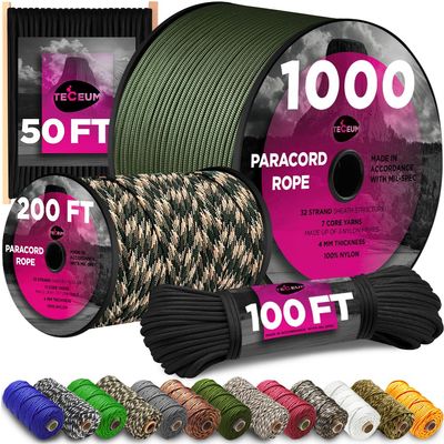 TECEUM Paracord Type IV 750 lb Black Noir 1000 ft 4mm Nylon Strong Tactical MILSPEC Parachute Cord Survival Rope Emergency para Cord 11 Strands Core EDC Camping Hiking Military Gear 016a