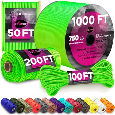 TECEUM Paracord Type IV 750 lb Neon Green  100 ft  4mm  Nylon Strong Tactical MILSPEC Parachute Cord  Survival Rope Emergency para Cord 11 Strands Core EDC Camping Hiking Military Gear 462