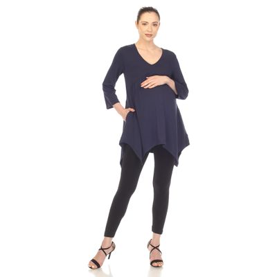 white mark Women's Maternity Empire Waist V-Neck 3/4 Sleeve Tunic Top Navy