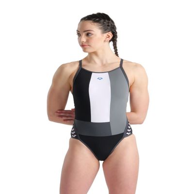 ARENA Performance Icons Panel Women's Swimsuit Super Fly Back One Piece MaxLife Training Suit, Black/Asphalt/Ardesia, US Size 24