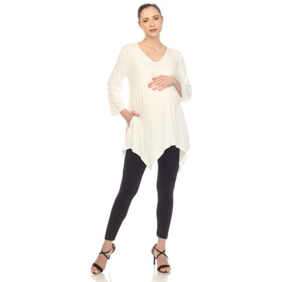 white mark Women's Maternity Empire Waist V-Neck 3/4 Sleeve Tunic Top White