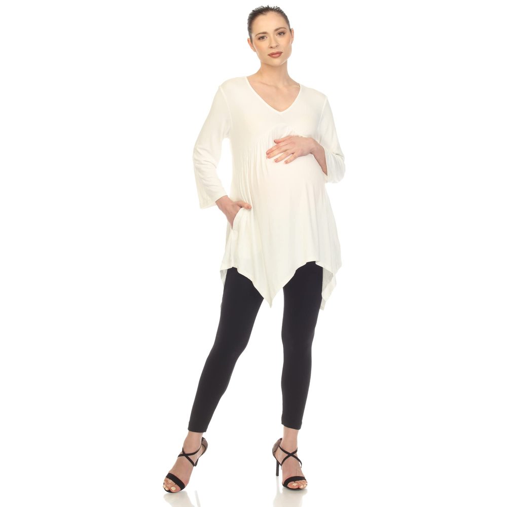 white mark Women's Maternity Empire Waist V-Neck 3/4 Sleeve Tunic Top White