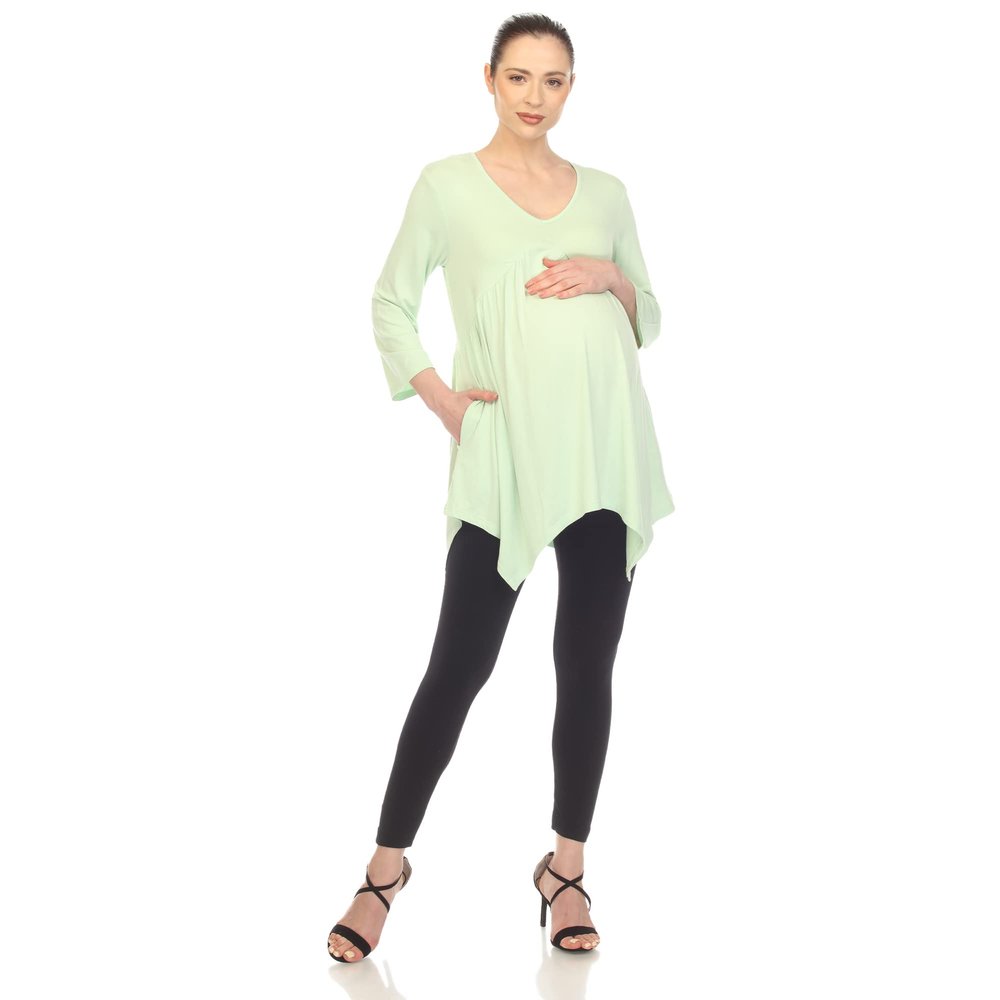 white mark Women's Maternity Empire Waist V-Neck 3/4 Sleeve Tunic Top Sage