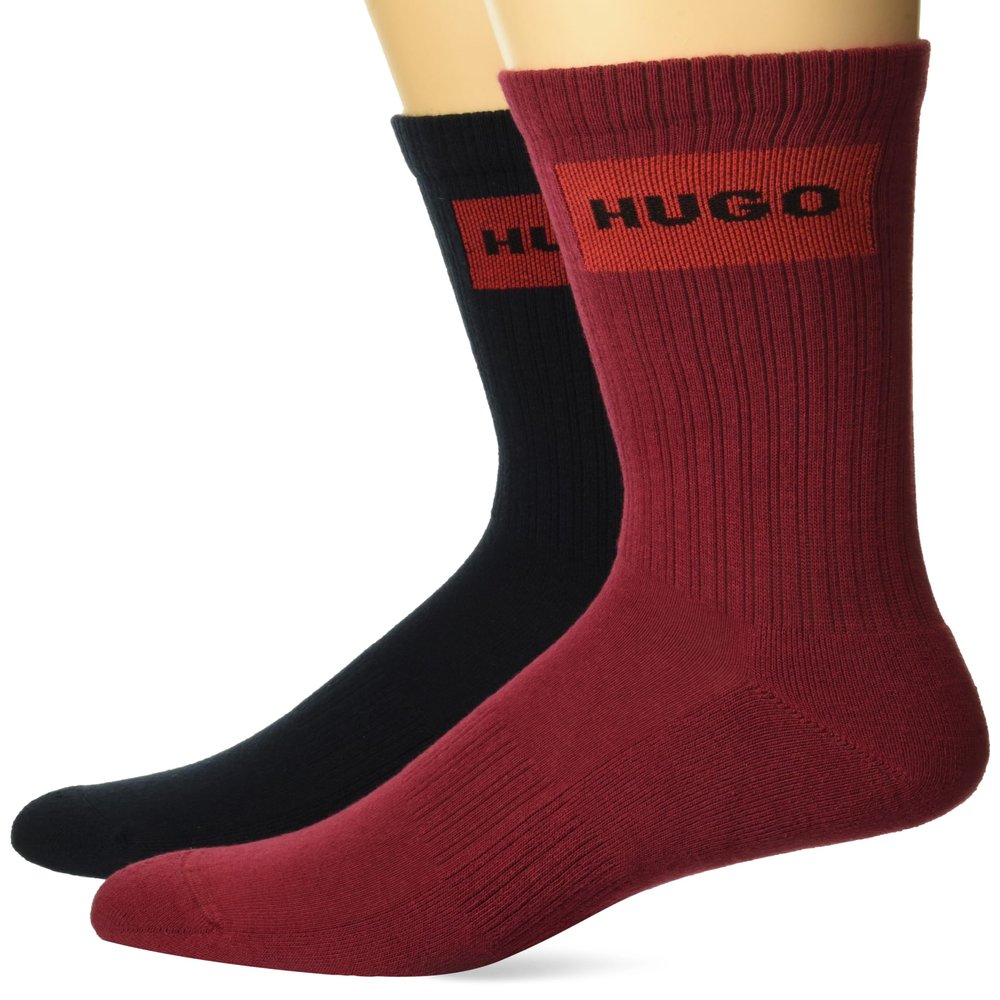 HUGO Two Pack Red Logo Design Quarter Ribbed Socks