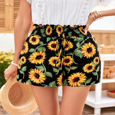 AKIOLOAS Women's Shorts 1pc Sunflower Print Paperbag Waist Tie Front Shorts Women's Shorts Shorts for Women (Color : Multicolor, Size : X-Large)