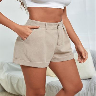 AKIOLOAS Women's Shorts High Waist Roll Hem Corduroy Shorts Women's Shorts Shorts for Women (Color : Apricot, Size : Large)