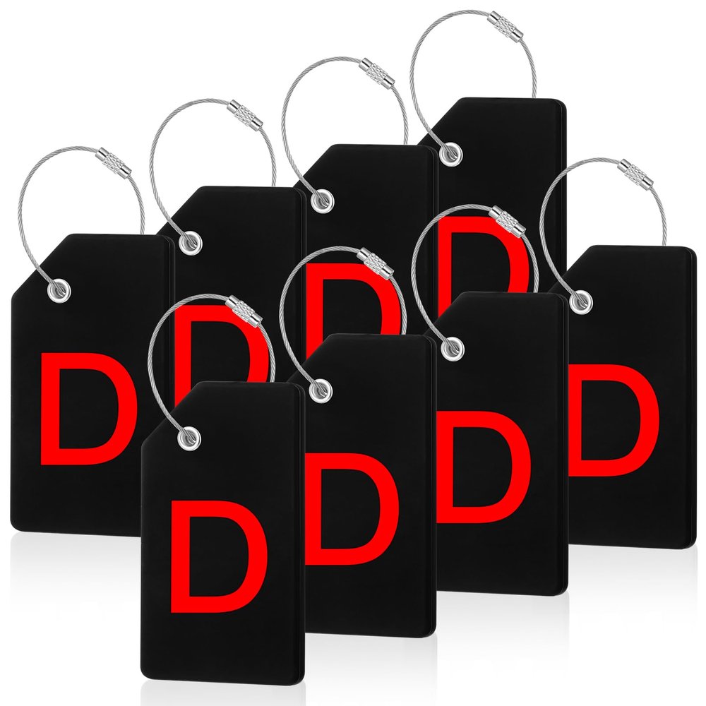 8 Pcs Initial Letter A-Z Luggage Tags Silicone Suitcase Instrument Tag with Name Card and Stainless Steel Loop(Letter D,Red, Black)