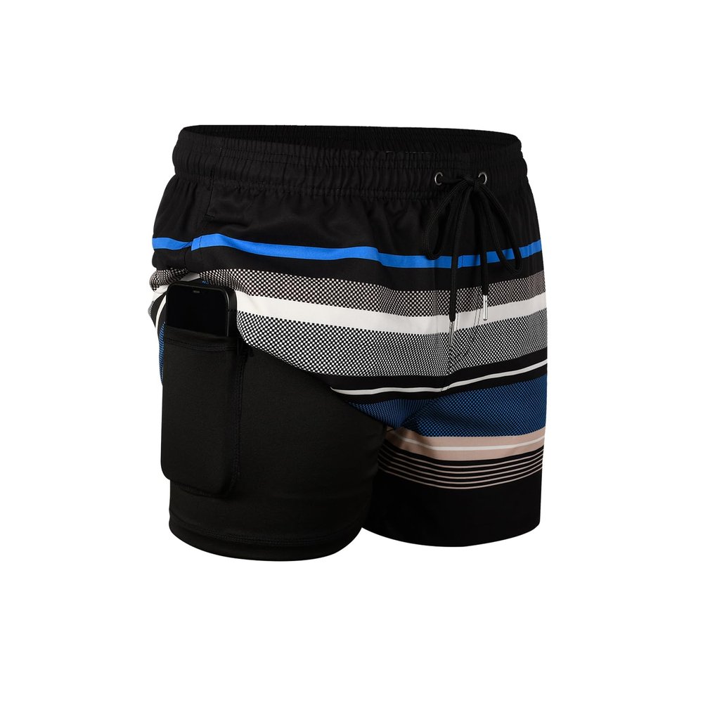 MADHERO Mens Swim Trunks with Compression Liner 2 in 1 Quick Dry Swimming Shorts Swimwear Striped Size L
