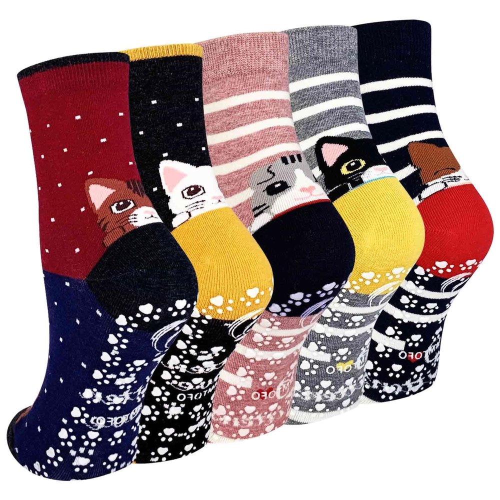 Artfasion Non Slip Socks for Women: Grip Novelty Dog Non Skid Ladies Funny Anti Slip Grippy Socks 5 Pairs for Pregnant Seniors Hospital Yoga Pilates 5-9