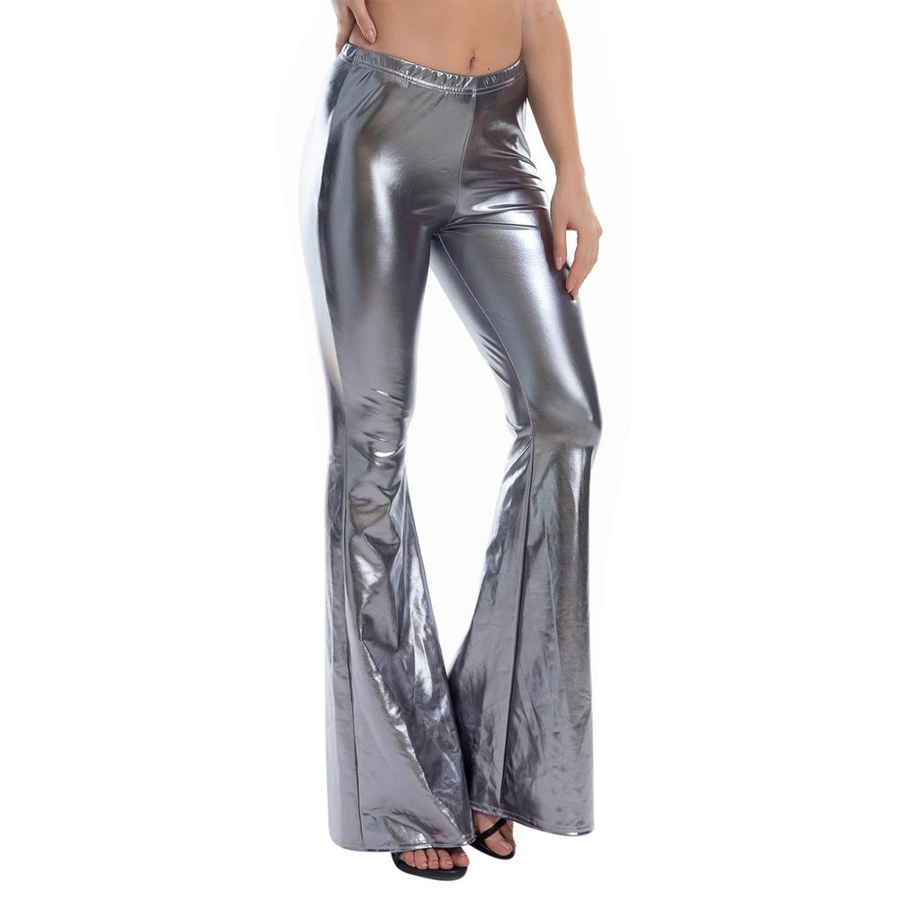 Shiny Metallic Skinny Flare Bell Bottom Pants Women's 70s Costume Wet Look Mermaid Stretchy High Waisted Disco Pants