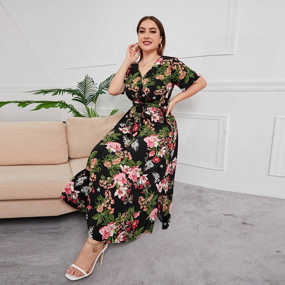 DUDSME Waist Western Style V-Neck midi Dress Plus Size Temperament Printed Black Sexy Trendy Dress