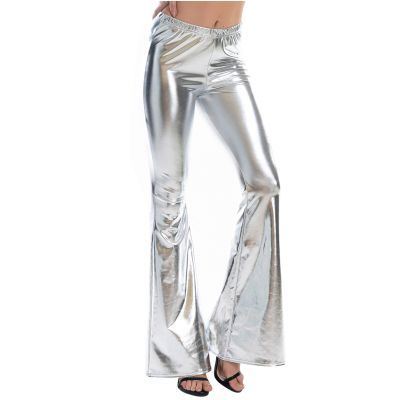 Shiny Metallic Skinny Flare Bell Bottom Pants Women's 70s Costume Wet Look Mermaid Stretchy High Waisted Disco Pants