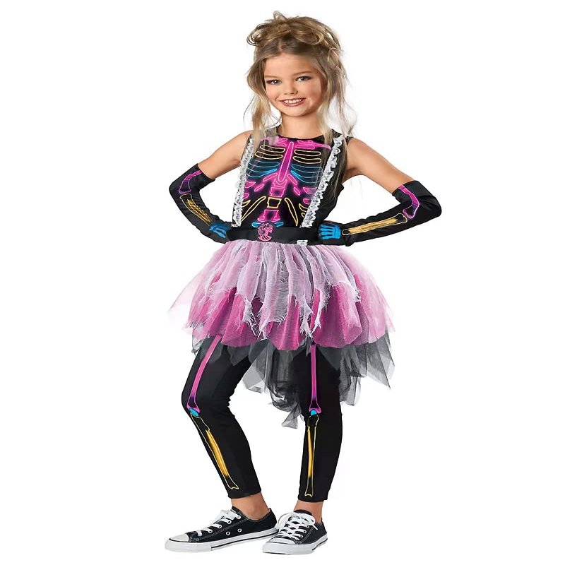 Seasons Colorful Ghostly Skeleton Costume Bones Halloween Costume for Girls (M(8-10))