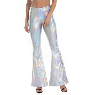 Shiny Metallic Skinny Flare Bell Bottom Pants Women's 70s Costume Wet Look Mermaid Stretchy High Waisted Disco Pants