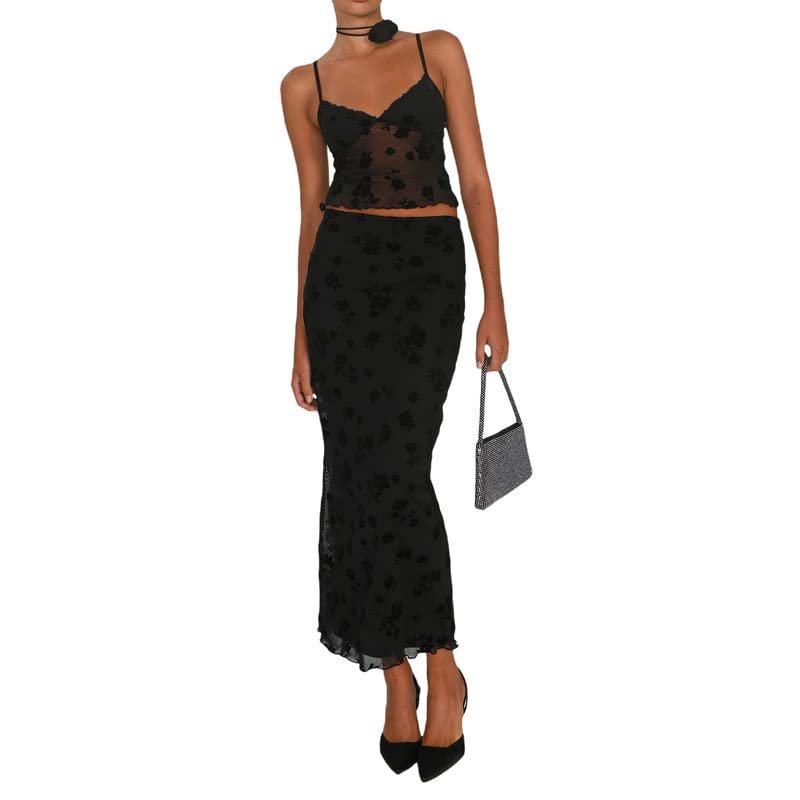 Women Sexy Two Piece Long Skirt Set Y2k Crop Cami Top Split Maxi Skirt Floral Print Outfits Summer Party Clubwear(A1-Black,L)