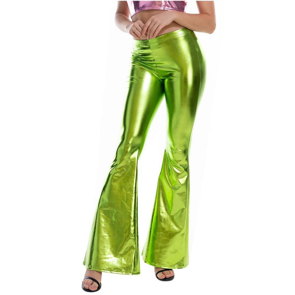 Shiny Metallic Skinny Flare Bell Bottom Pants Women's 70s Costume Wet Look Mermaid Stretchy High Waisted Disco Pants