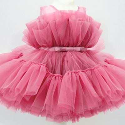 AITEXI Popular Children's Sleeveless Mesh Dress Solid Bow Dress New Princess Poncho Dress(Rose red,4-5Y)