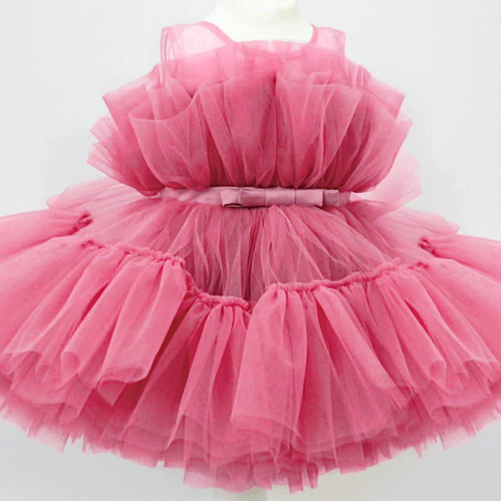 AITEXI Popular Children's Sleeveless Mesh Dress Solid Bow Dress New Princess Poncho Dress(Rose red,4-5Y)