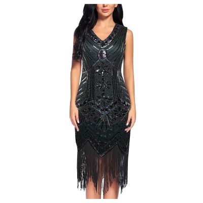Fringe Sequin Prom Dresses Women Sleeveless V Neck Tassel Ball Gowns Midi Formal Dress Wedding Guest Cocktail Party Green