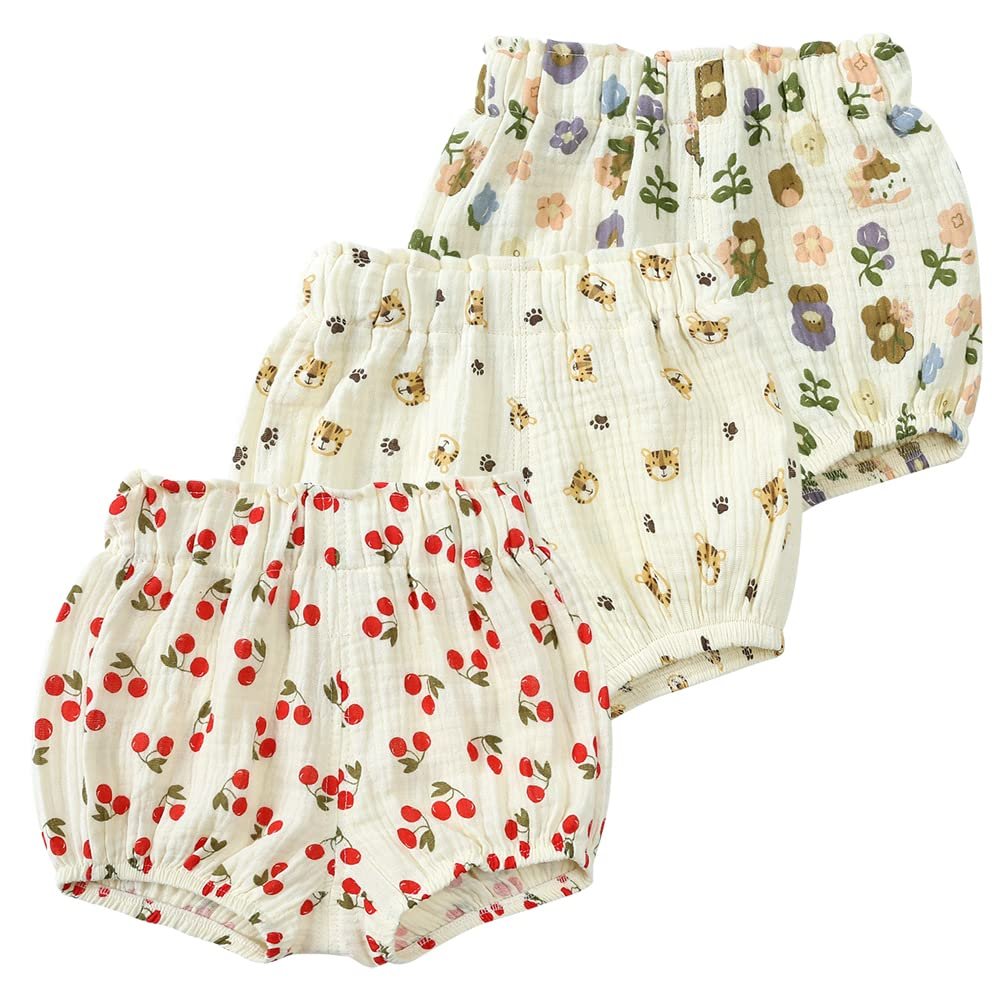 MYGBCPJS Baby Boys Girls 3 Pack Cotton Linen Bloomers Kids Loose Floral Graphic Printed Bubble Shorts Elastic Waist Bottoms