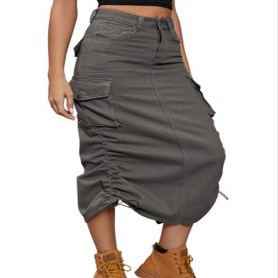 chouyatou Women's Y2K Cargo Skirt Jean Adjustable Casual A-Line Midi Long Denim Skirt (Small, Dark Grey)