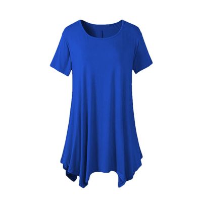 DBFBDTU Women's Cotton T-Shirts Summer Casual Loose Round Neck Short Sleeve Long Shirts Blue