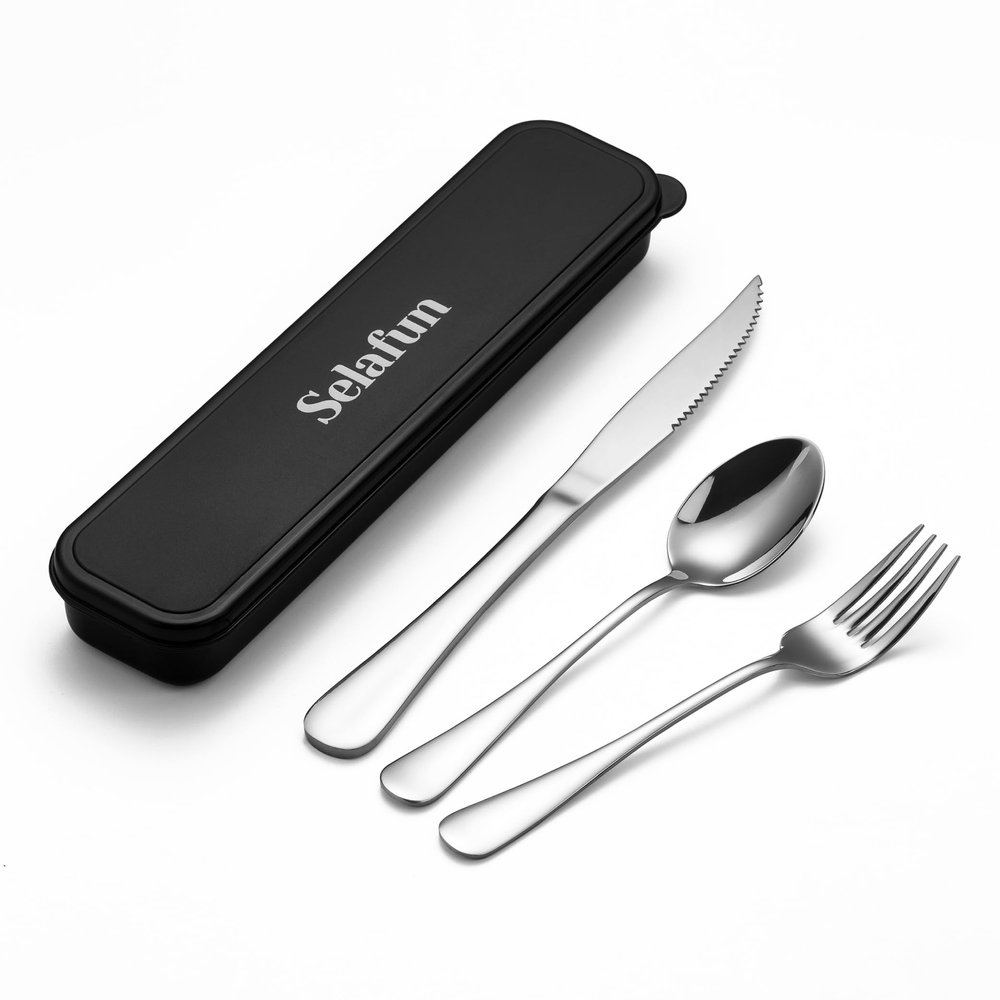 Selafun 4-pieces Travel Set with Case Portable Silverware Utensils Set for work, Stainless Steel Reusable Flatware Set Cutlery Set for Camping Picnic Hiking Office (6.7inch, Silver)