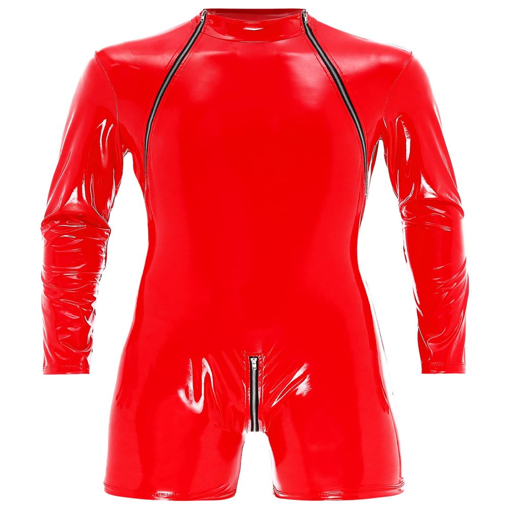 Loloda Men's Wet Look PVC Leather Bodysuit Catsuit Zipper Front Boxer Shorts Jumpsuits Clubwear Red Medium