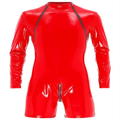 Lejafay Men's Zipper Boxer Shorts Bodycon Patent Leather Long Sleeve Leotard Bodysuit Jumpsuits Red Medium
