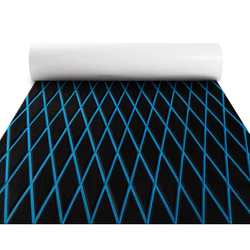 Fullfire Boat Flooring - EVA Foam Boat Decking - Diamond Marine Mat with Self-Adhesive Floor Carpet for Bass Jon Pontoon Boat Motorboat Yacht Kayak RV 74.8"X 27.8", Black with Blue Lines