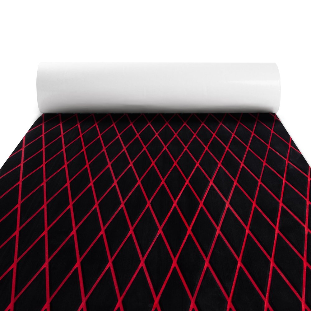 Fullfire Boat Flooring - EVA Foam Boat Decking - Diamond Marine Deck Mat with Self-Adhesive Floor Sheet Carpet for Bass Jon Pontoon Boat Motorboat Yacht Kayak RV 94" x 16", Black with Red Lines
